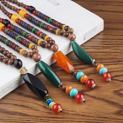 Ethnic Wooden Necklace Long Buddha Beads Sweater Chain for Men Women