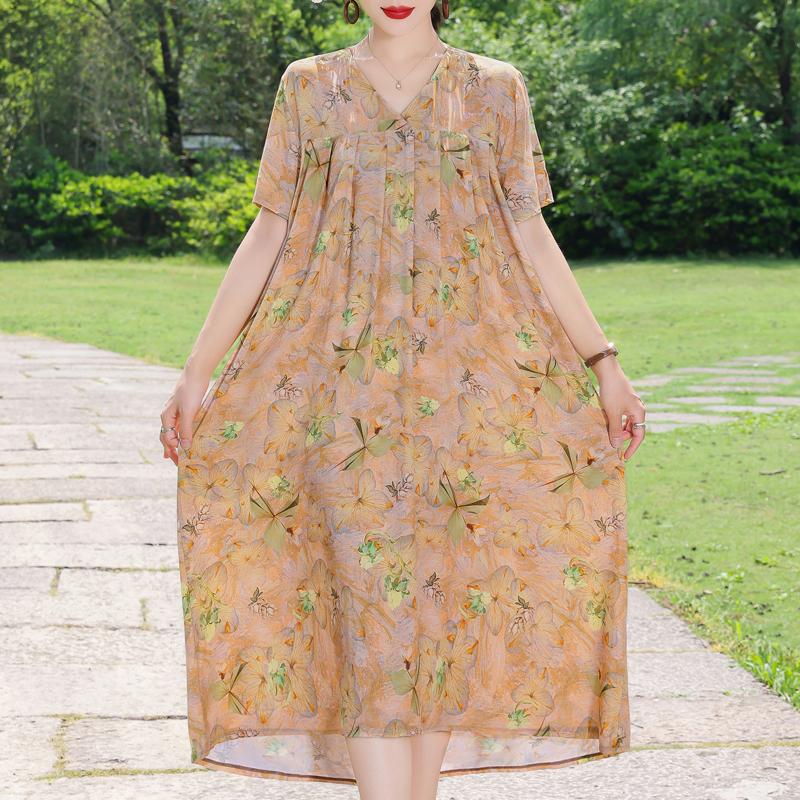 Elegant Women's Summer Dress Plus Size Short Sleeve Casual Loose Long Dresses Vintage Clothes