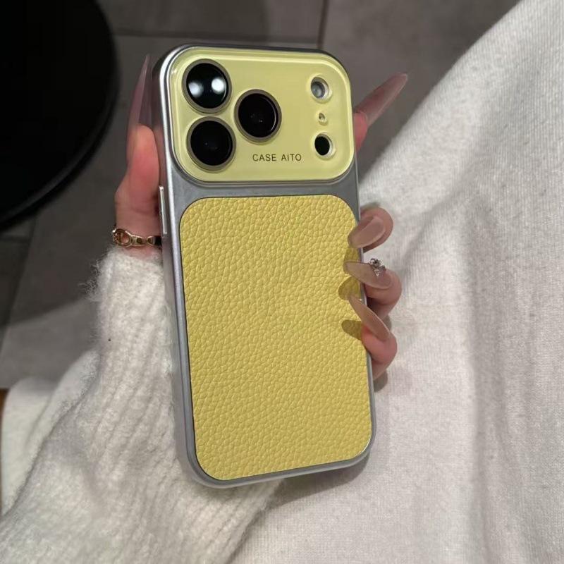 Leather Texture Drop-Proof Case for iPhone 14/15/16/17 Pro Max - Solid Color Design.