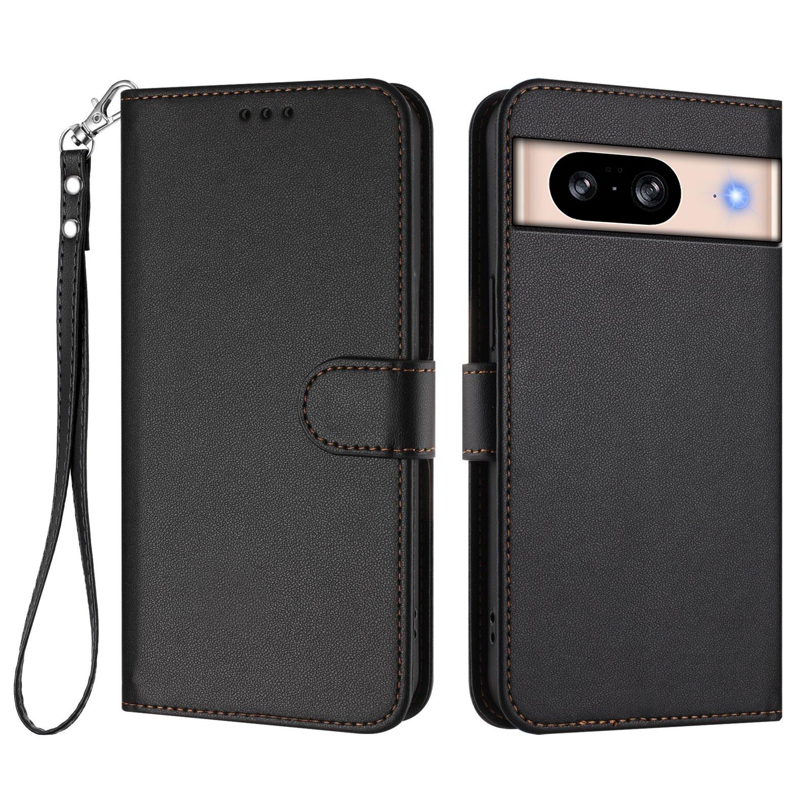 

For Google Pixel 8 Leather Case Wallet Stand Phone Cover with Wrist Strap Black