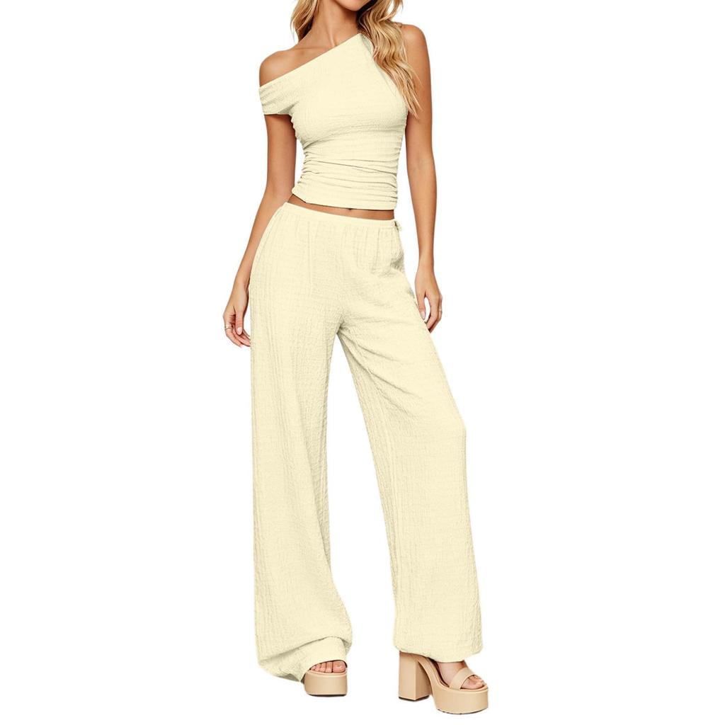 Damen Sommer Zweiteiler Ein Schulter Kurzarm Top Hohe Taille Weite Hosen Freizeit Outfit