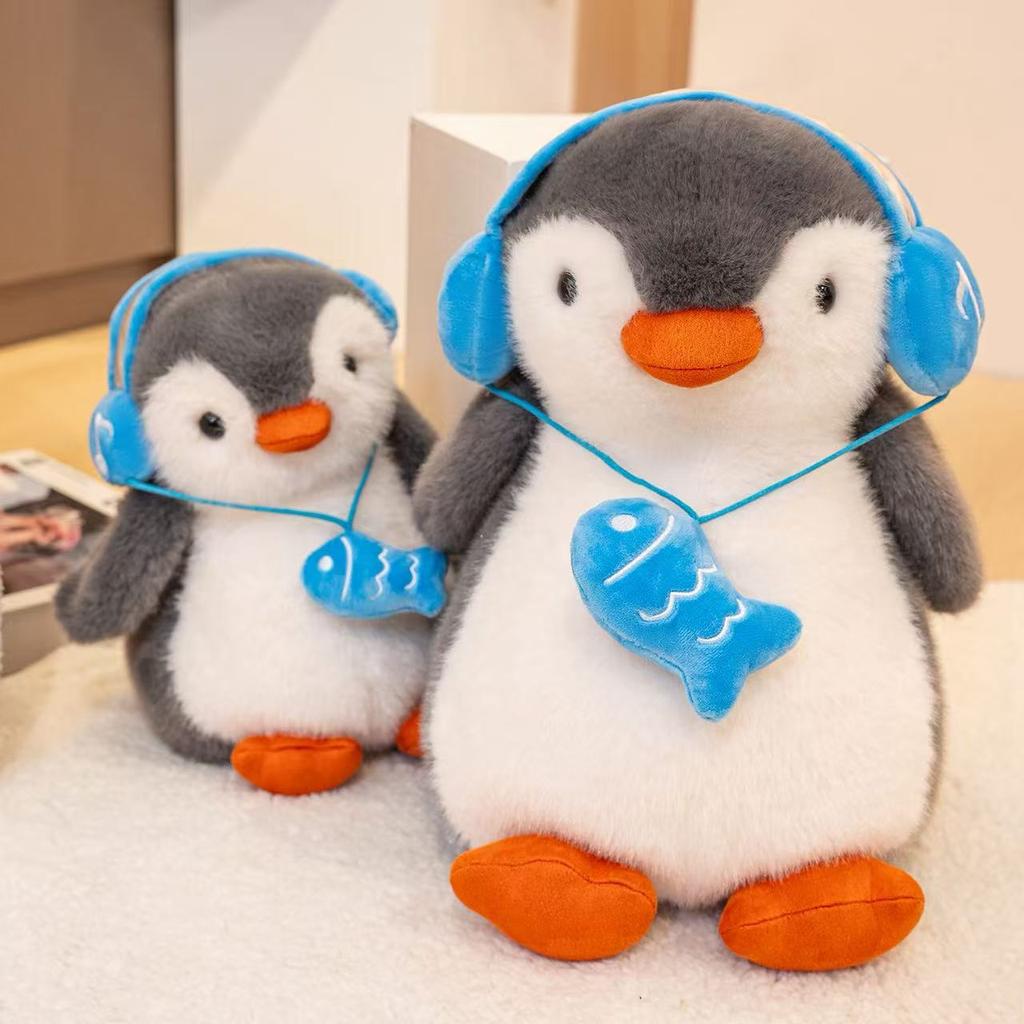25/35cm New Simulation Penguin Doll with Headphones Plush Toy Cartoon Anime Cute Pillow for Children's Birthday Gift Fun Doll