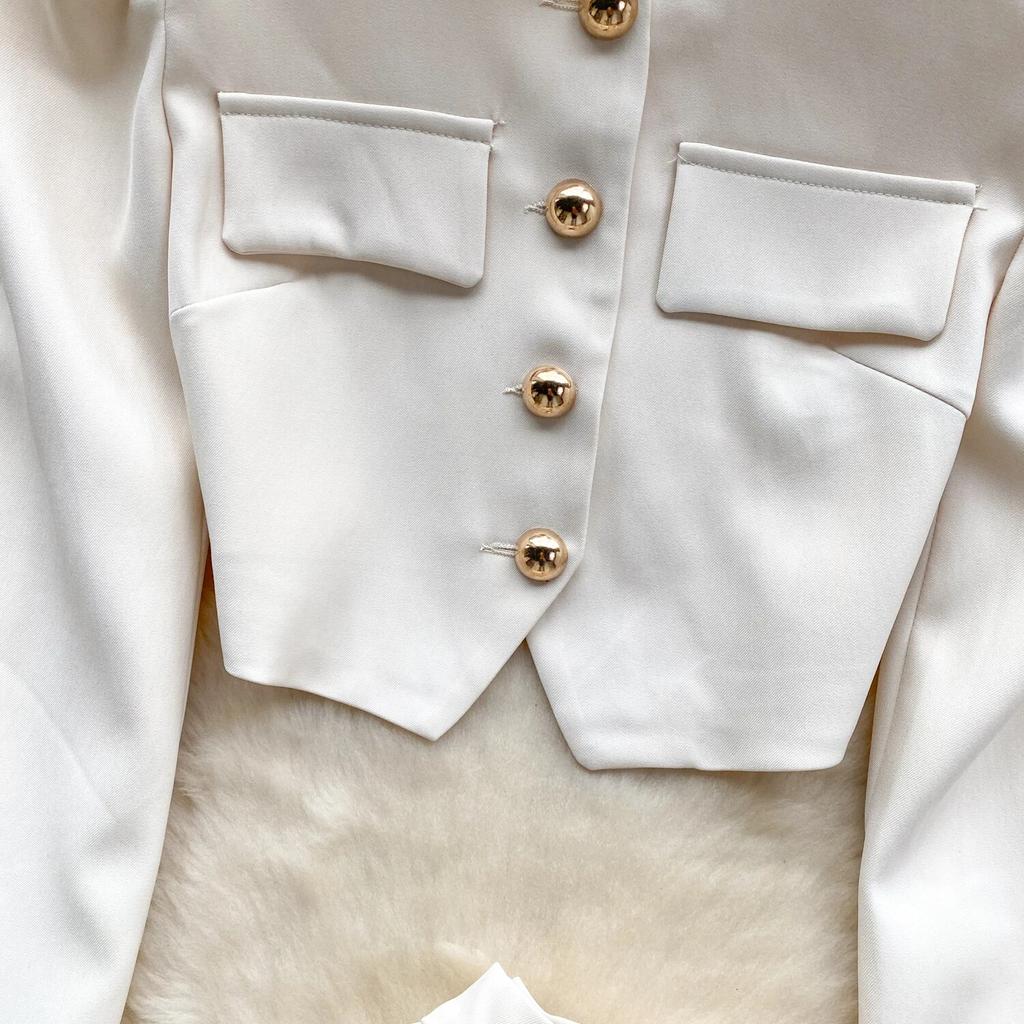 Francouzský elegantní kancelářský dvoudílný set Dámské knoflíky Vintage topy Plisovaná minisukně Dámská móda Patchwork Design Neformální sady 2024 Novinka