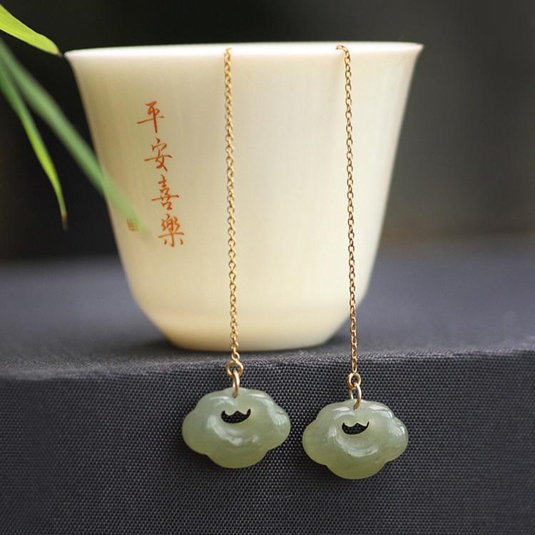 Natural Hetian jade earrings, Hetian jade light aquamarine material, Ruyi lock earrings, fortune lock earrings, elegant earrings for women 14k Gold ear wire
