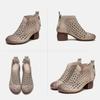 Johnature Hollow Out Boots Round Toe Breathable Back Zipper Genuine Leather Sandals Retro Mid Heel Women's Shoes