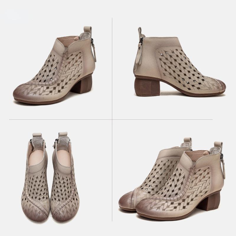 Johnature Hollow Out Boots Round Toe Breathable Back Zipper Genuine Leather Sandals Retro Mid Heel Women's Shoes