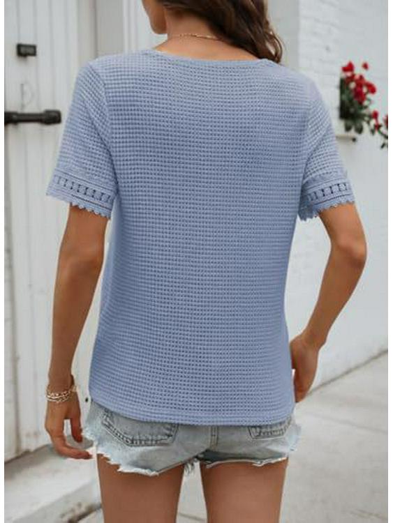 2026 Women's V-Neck Casual Waffle Knit Lace Patchwork Short Sleeve Top