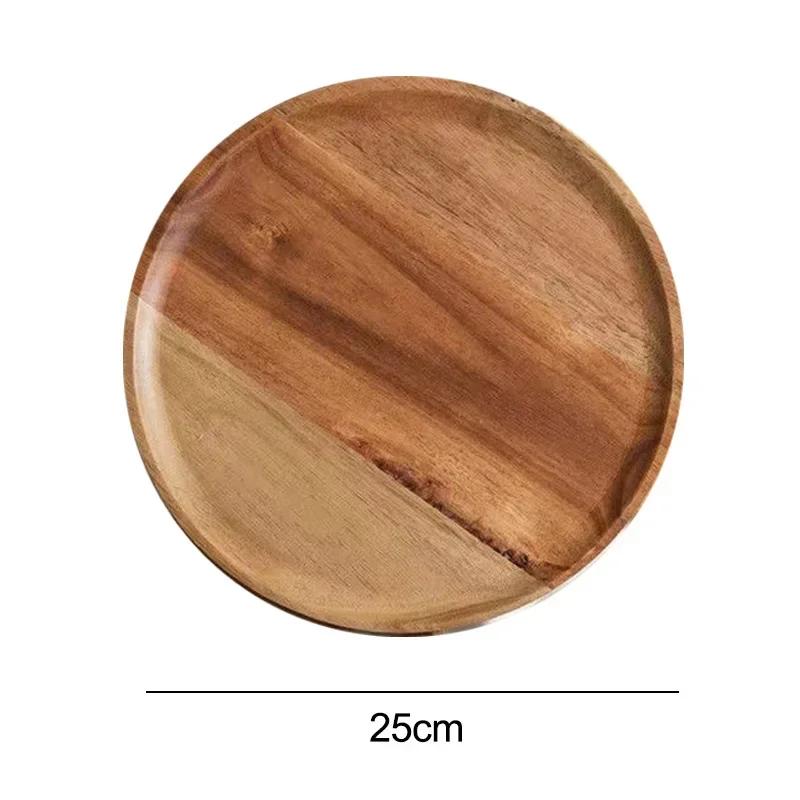 Wooden Dinner Plates Household Round Coffee Tray Trinket Dish Home Vintage Japanese Style Dessert Bread Trays Decorative Dishes