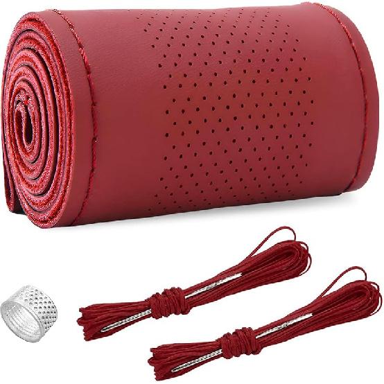 Ziciner Genuine Leather Steering Wheel Cover, Stitch On Wrap, Breathable Anti-Slip Car Steering Wheel Protector For Max Diameter 15 Inch, DIY Sewing