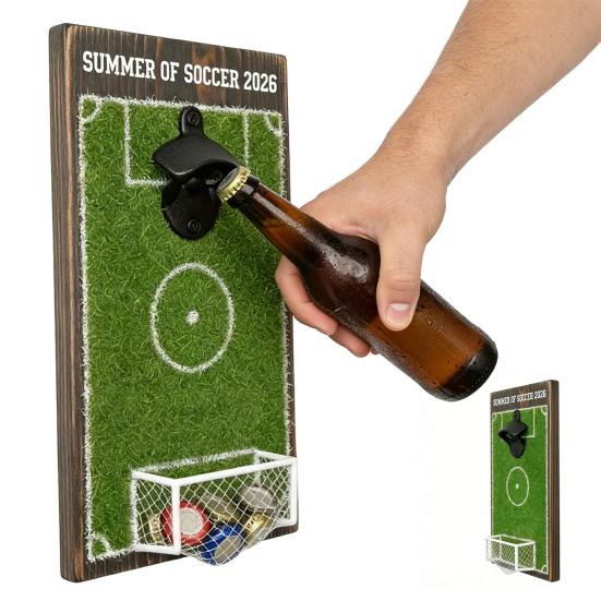 Football Field Beer Bottle Opener Wall Mounted Beer Cap Remover Wooden Soccer Field Sign for Bar Kitchen Game Room Unique Gift for Football Lovers