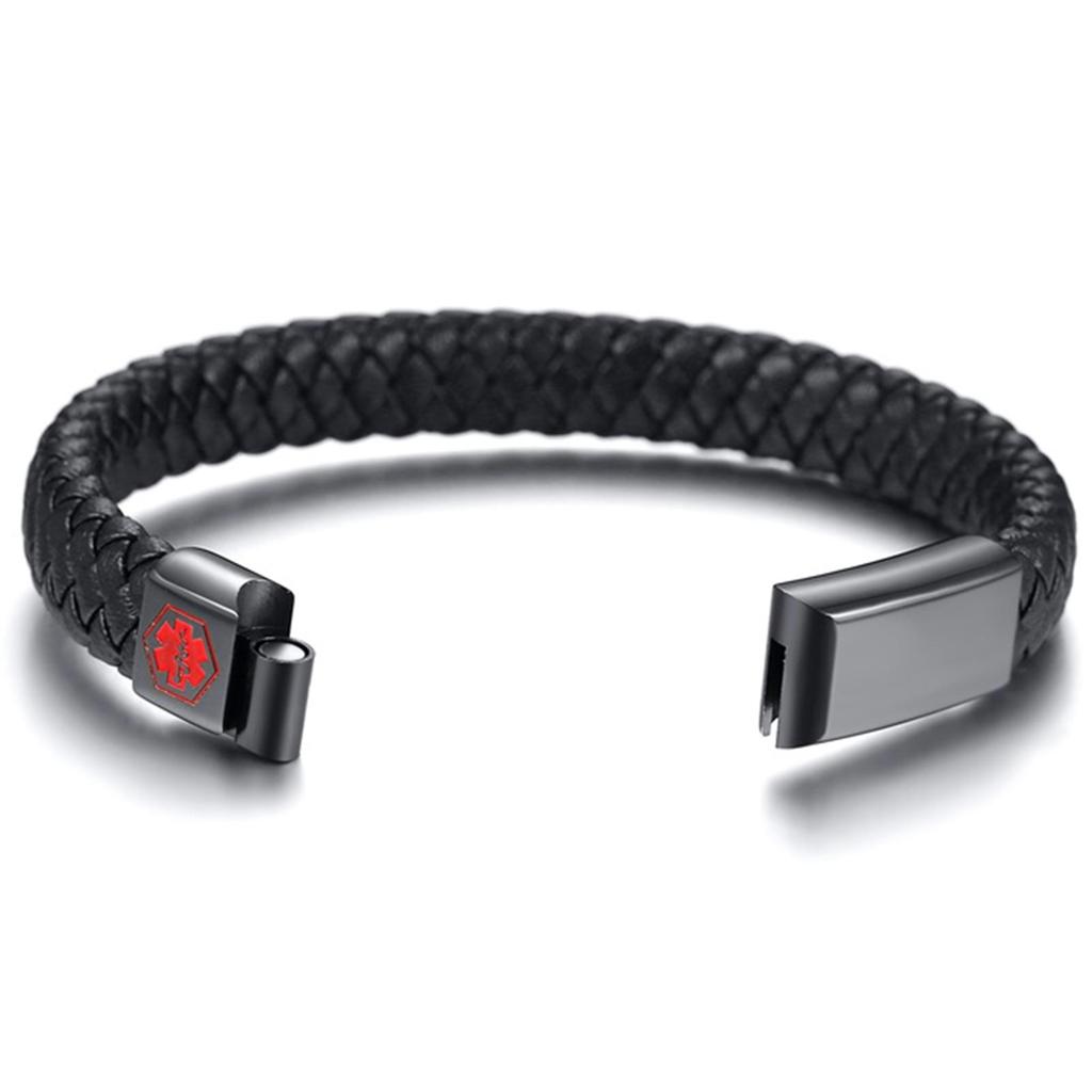 Bracelet d'identification médicale d'alerte gravé personnalisé, Bracelet jonc en cuir tressé à boucle magnétique en acier inoxydable pour hommes