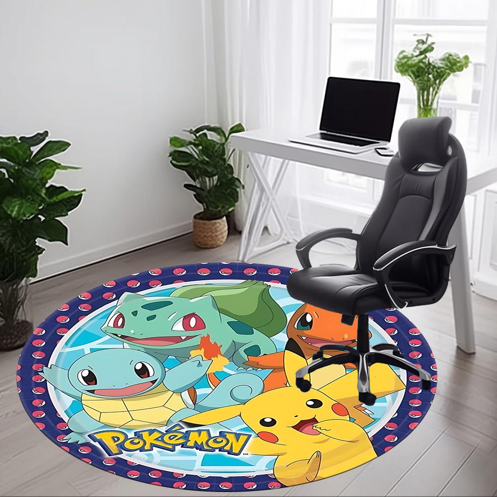 1PC Pokemon, Pikachu Office Round Rug - Perfect for Office or Study Decor, Machine Washable, Non-Slip Backing, Decorative Floor Mat