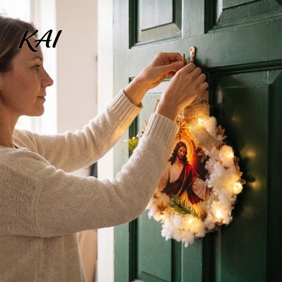Religious Home Accents Pre-Lit Nativity Wreath, Battery Powered Lighted Hanging Wreath with Burlap Christmas Door Hanger Bow And Star for Front Door,