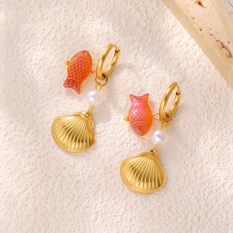 High-End Ocean Style Pearl Shell Hoop Earrings for Women - Elegant Stainless Steel Jewelry