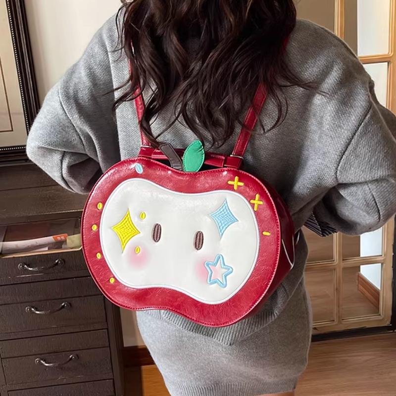 Cute Apple Shaped Backpack For Women Kawaii Red Leather Cartoon Design Bag Portable Handbag Crossbody Shoulder Bag Fashion Purse
