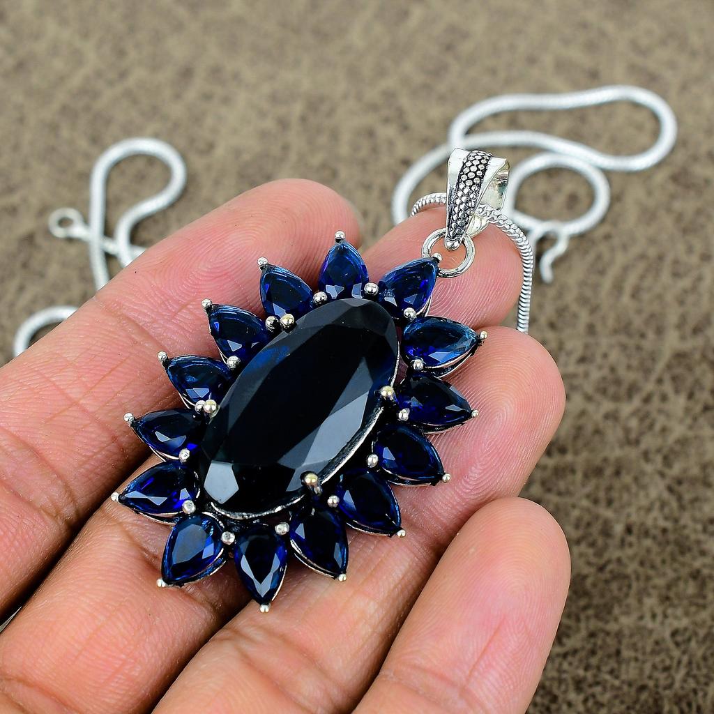 Blue Topaz Gemstone Handmade 925 Sterling Silver Jewelry Pendant 2.48" KKG-274