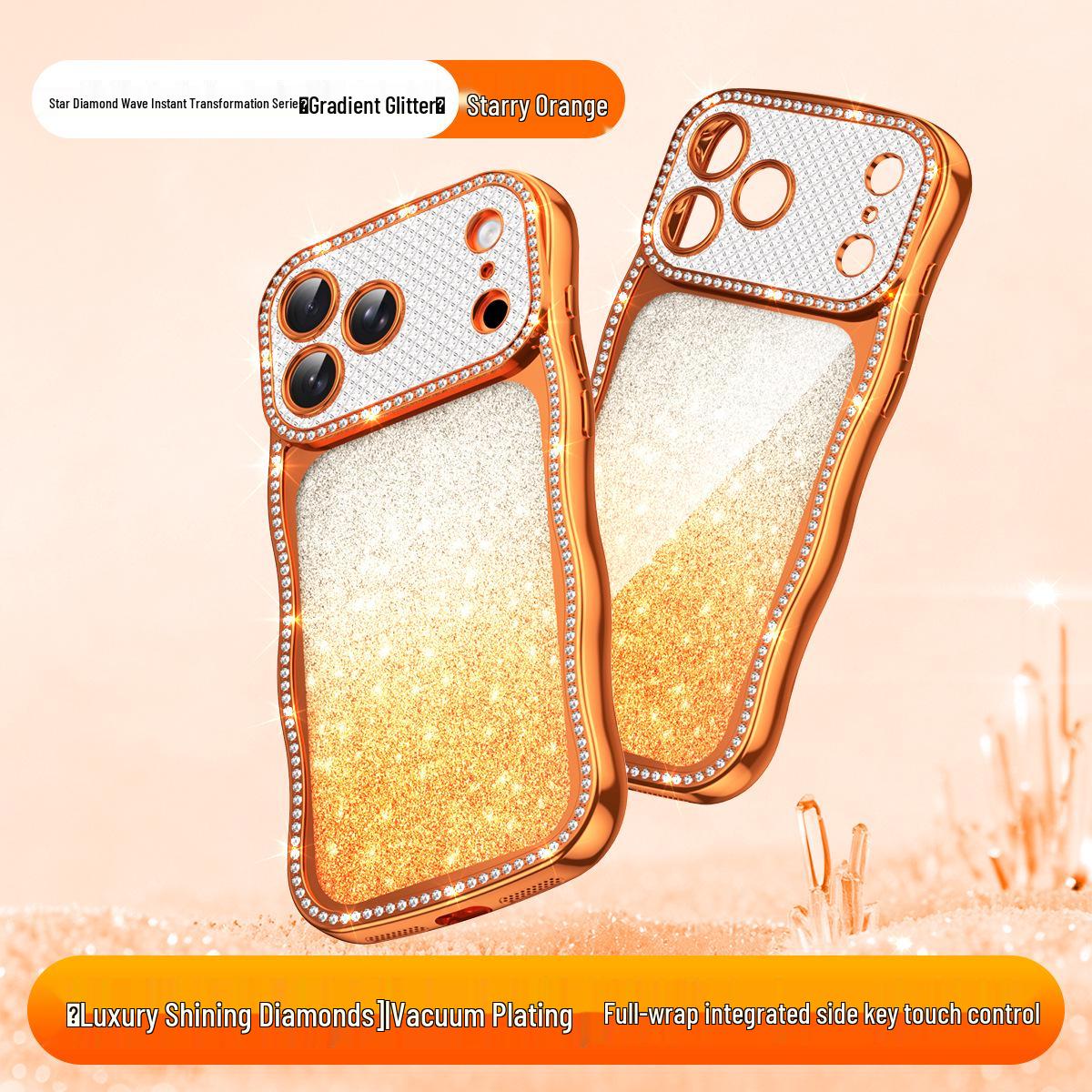 

Apple 17 Pro Max Glitter Wave Gradient Case for iPhone 16: Rhinestone Protective Cover, High-End Feel, Compatible with iPhone 15. 14 оранжевый