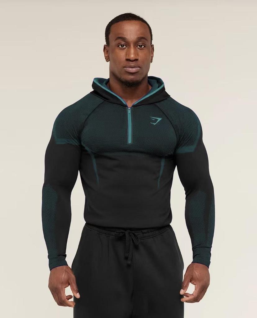GYMSHARK Men's Onyx High Stretch Long Sleeve Hooded Fitness T-shirt