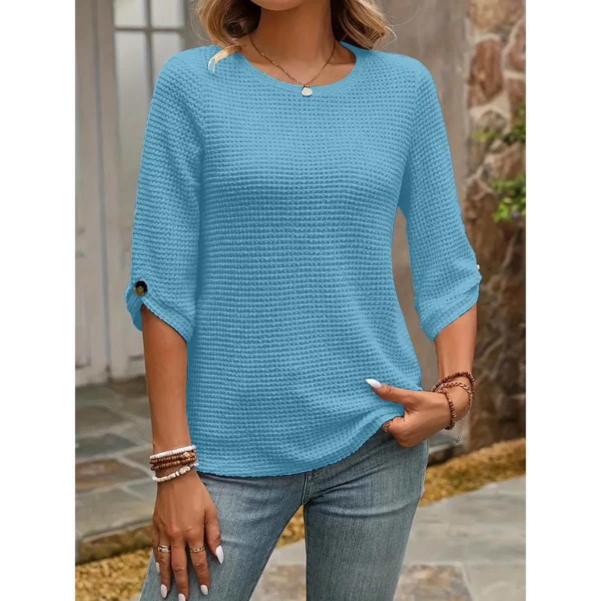 

Весна и Осень Новая Однотонная Блузка с Пуговицами на Манжетах и Круглым Вырезом, с Рукавом Семь Четвертей, Повседневная Свободная Женская Футболка, Удобная и Модная XXL