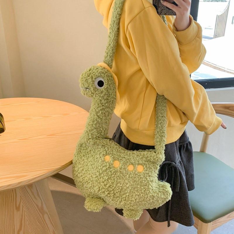 Dinosaur Plush Green Messenger Bag With Padded Shoulder Strap Suitable Daily For