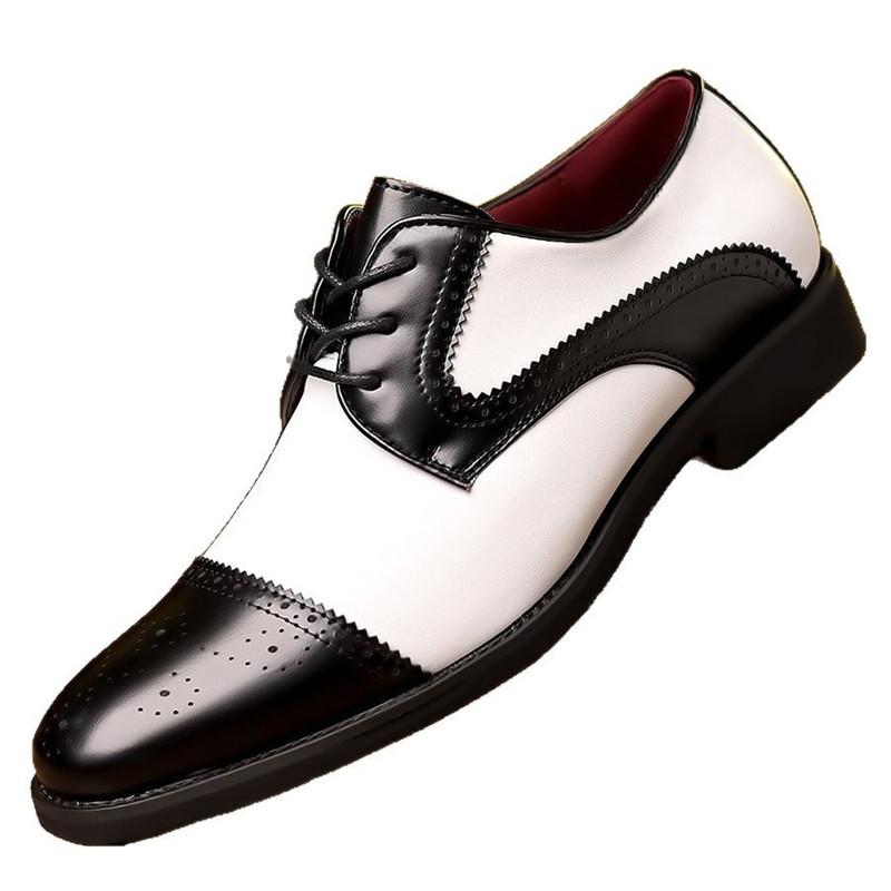 New Men's Pointed Black White Mixed Lace Up Casual Dress Homecoming Brogues Shoes Designers Male Formal Oxfords Wedding Footwear