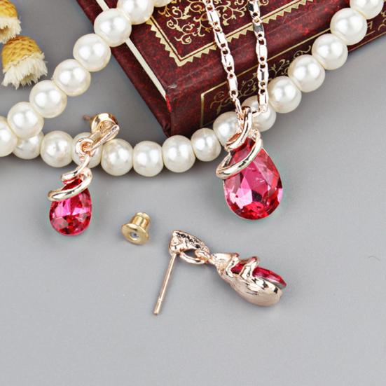 1 Set Women Necklace Elegant Luxury Noble Gift Red Waterdrop Rhinestone Inlaid Stud Earrings Kit Fashion Jewelry