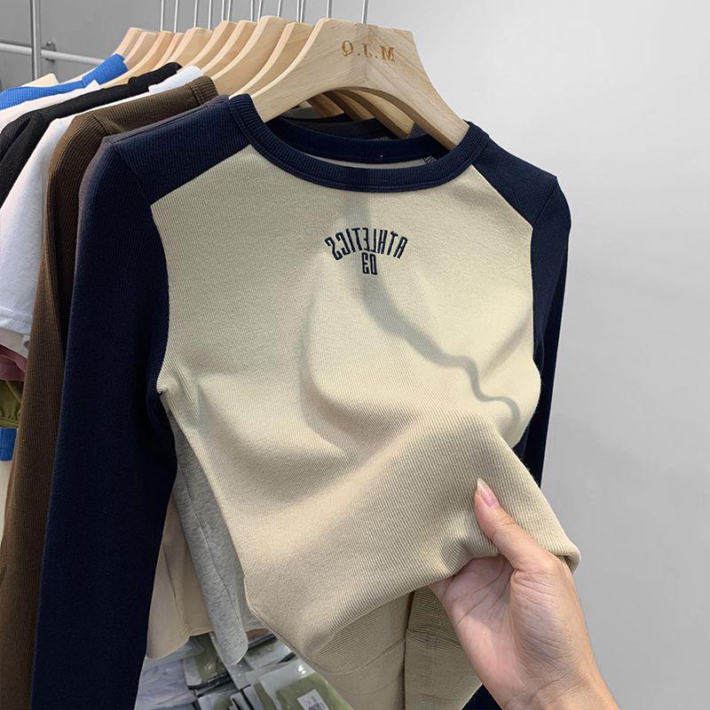 

Trendy Women s European Style Color Block Round Neck Slim Fit Long Sleeve T-Shirt L for 101-110 jin абрикосовий/синій