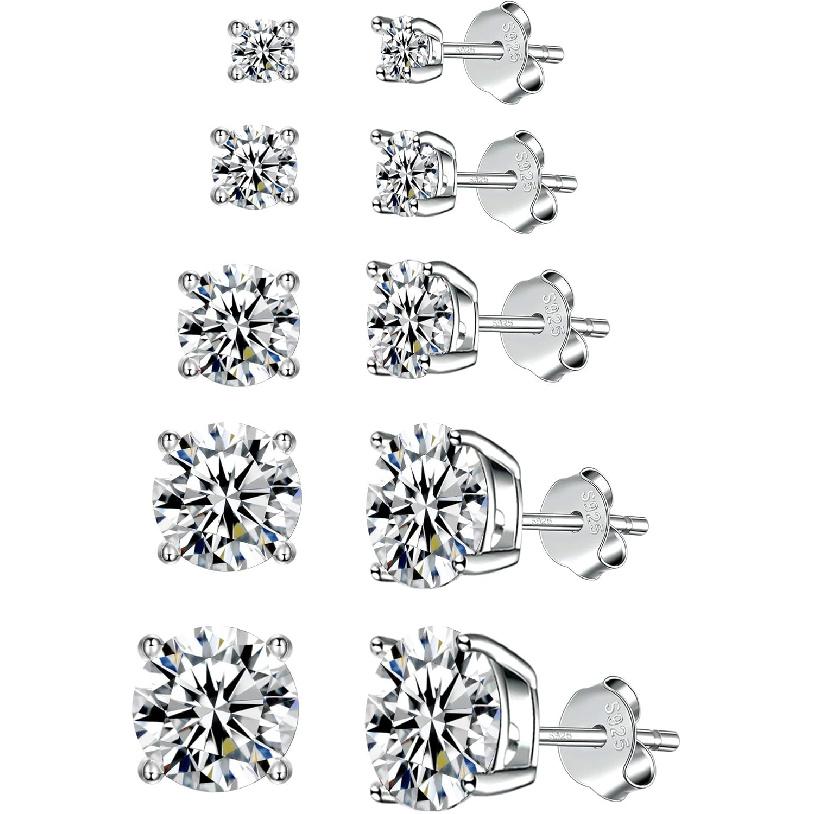 925 Sterling Silver Stud earrings Set | White Gold Plated Hypoallergenic Stud Earrings | Cubic Zirconia Stud Earrings for Women