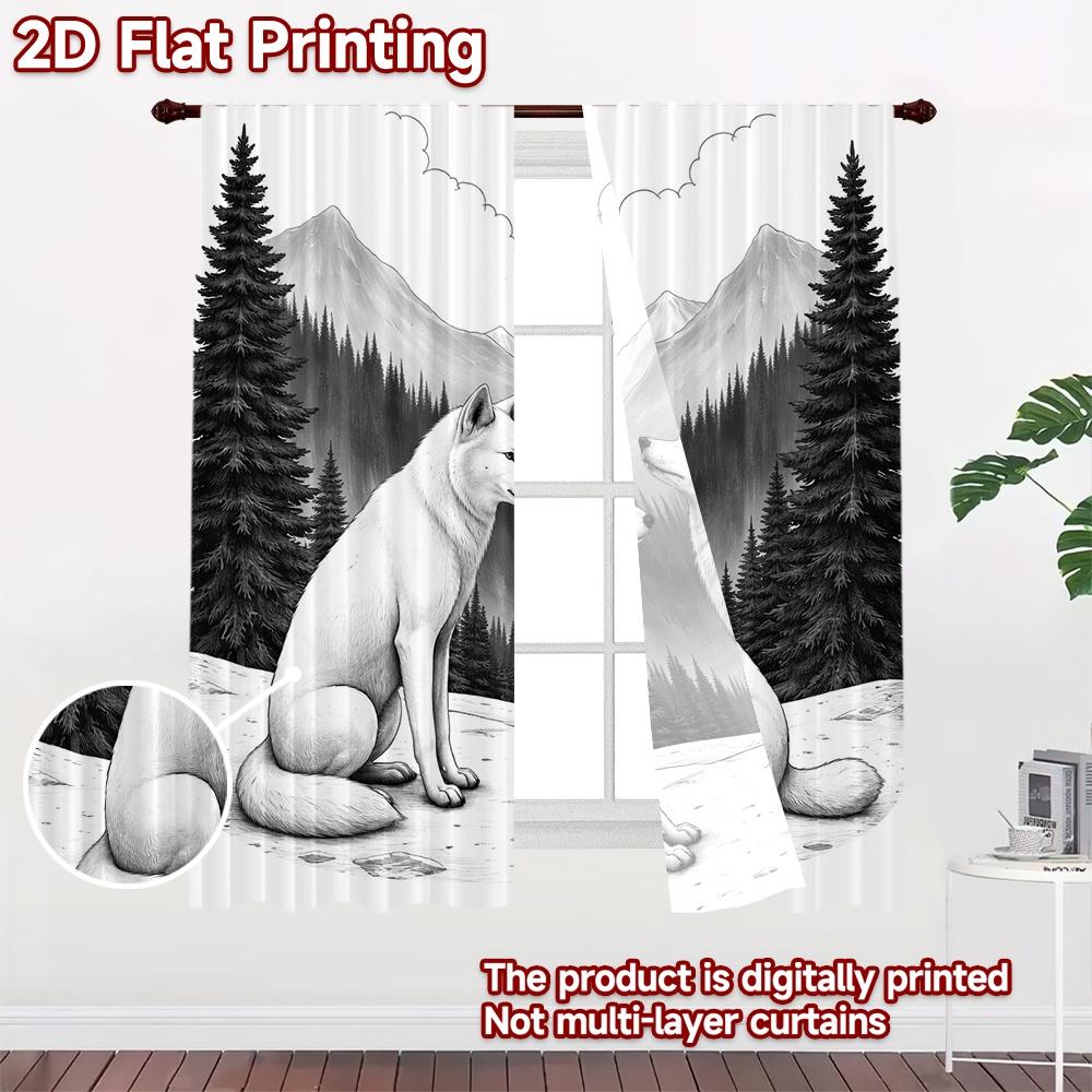 2D FLAT PRINTING 2pcs Curtains (Without Rod) Two Wolves In Mountains Popular Popular Curtain Semi-Sheer Curtains Crescent Moon
