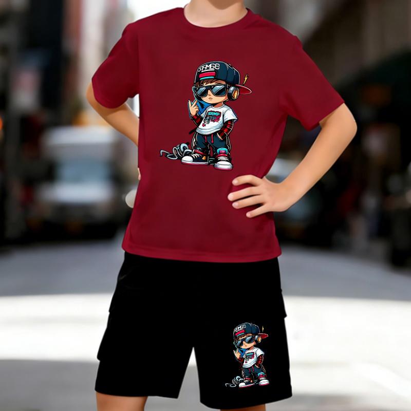 Boys 2 Piece Hip-hop Style Printed Outfit, Short Sleeve T-Shirt and Shorts Set for Kids Age 5-14,Black and White Sporty Casual Summer Clothes