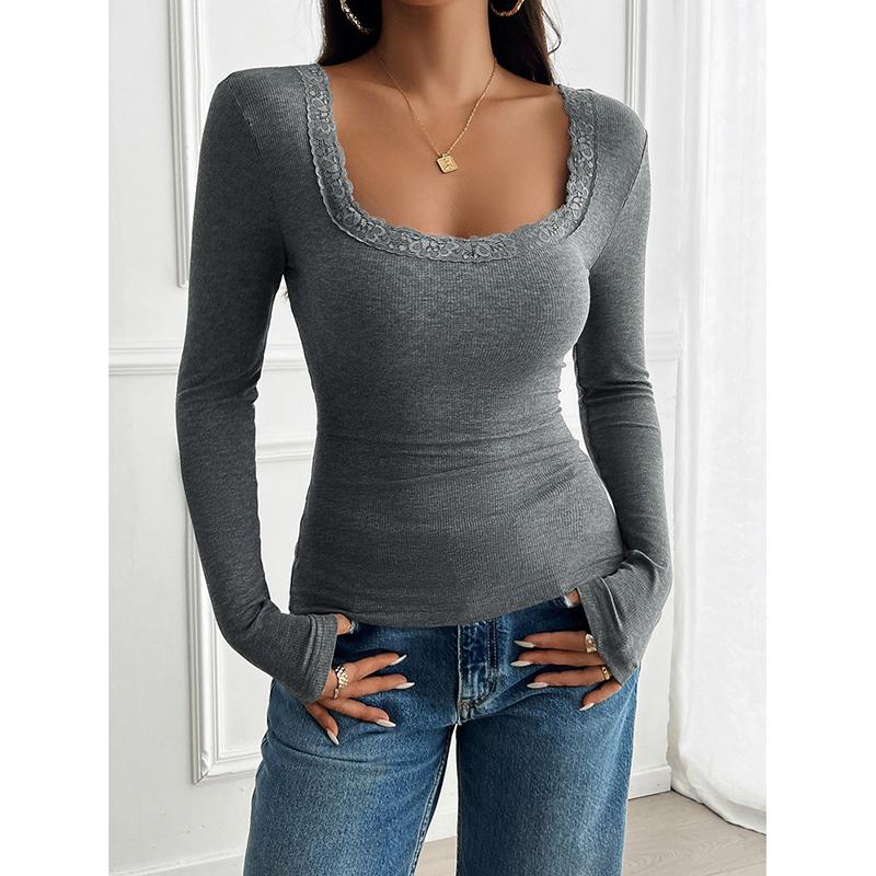 Spring/Summer Solid Color Top for Women Casual Slim Fit Ribbed U-Neck Lace Long-Sleeve T-Shirt