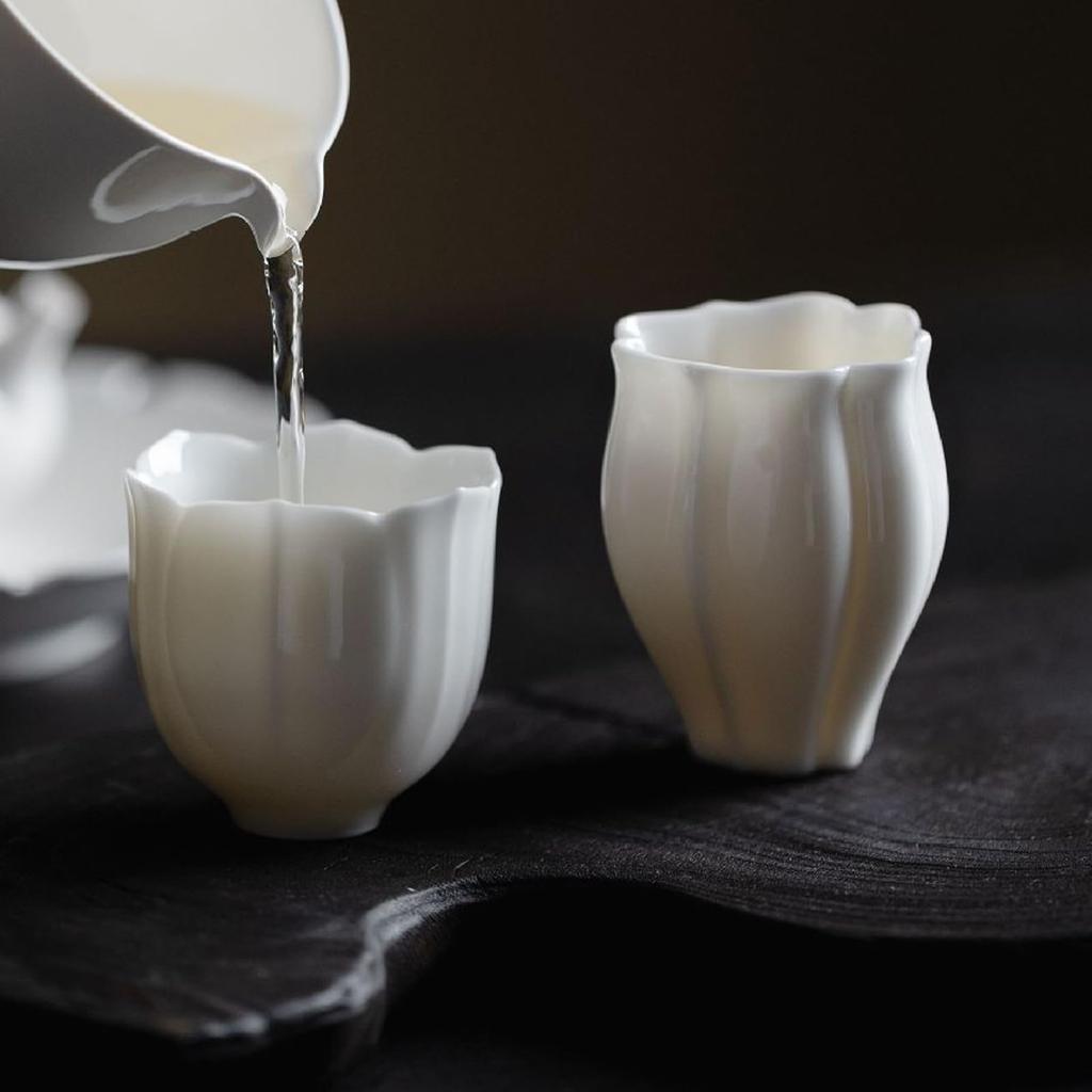 Pedoleco Chinese Tea Utensils, Set of 2, 60ml, Tulip-Shaped Mini Teacups, Handmade White Porcelain, Ceramics