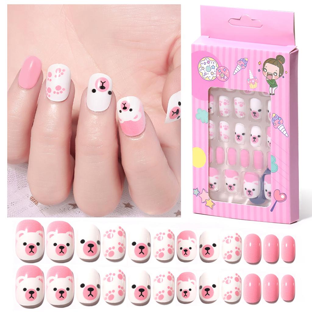 24Pcs/box Kids Cartoon Pattern False Nail Wearable Cute Girl Child Fake Nails Tips Kawaii Acrylic Artificial Press on Nails+Tool
