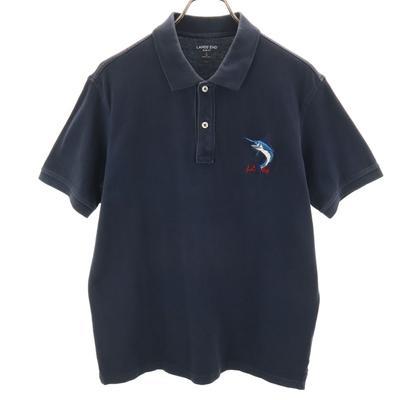 LANDS' END Fish Embroidery Short Sleeve Slim Fit Polo Shirt L Navy Fawn Men's Used