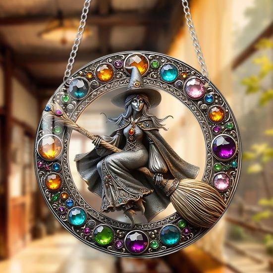 Halloween Heks Flygende Kost Solfanger Falsk Krystall Magisk Heks Veggkunst Dekor Akryl Farget Glass Vindu Hengesol Fanger for Hjemmedekor