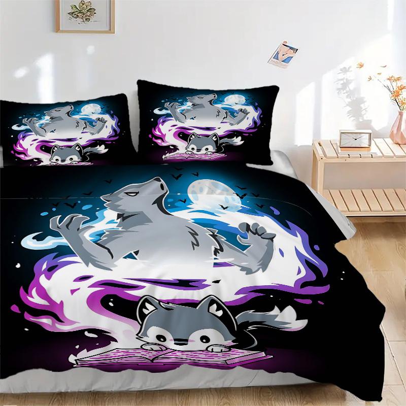 3-teiliges Magischer Wolf Aufdruck Bettwäsche-Set, Weiche und Bequeme Bettbezüge für Schlafzimmer, Gästezimmer (1 Bettbezug + 2 Kissenbezüge, Kissenkerne Nein
