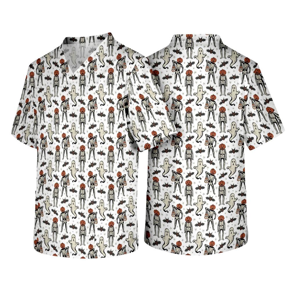 Men's Halloween Print V Neck Medical Scrub Top with Chest Pocket Short Sleeve Lightweight Comfortable Work Shirt for Healthcare Professionals