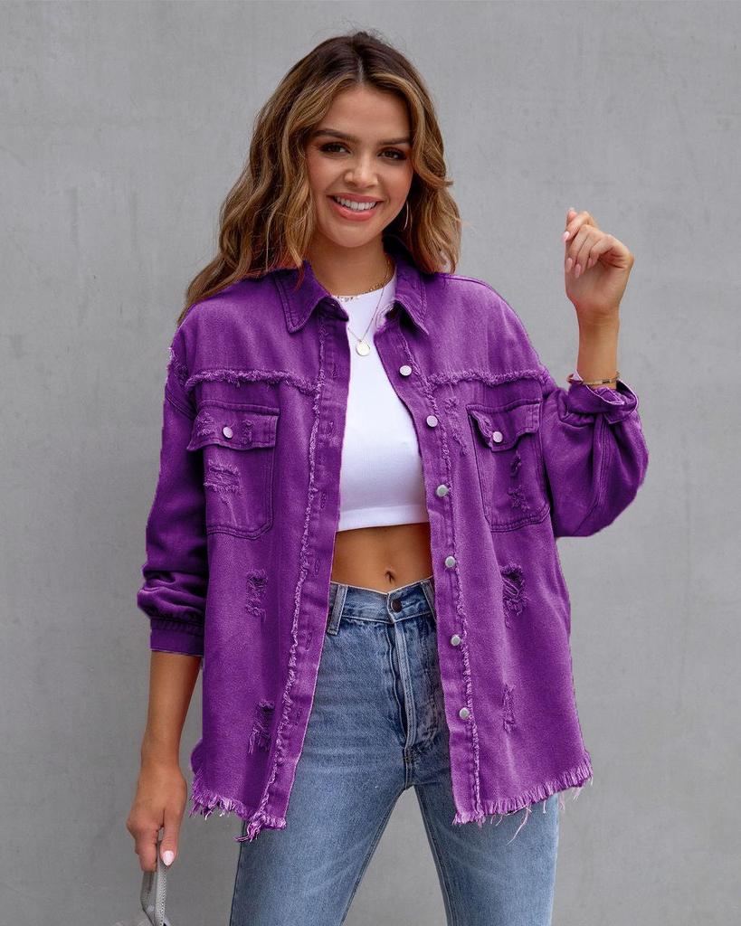 New 2023 Women's Autumn/Winter Denim Cardigan - Solid Color, Single-Breasted Turn-Down Collar Shirt Jacket