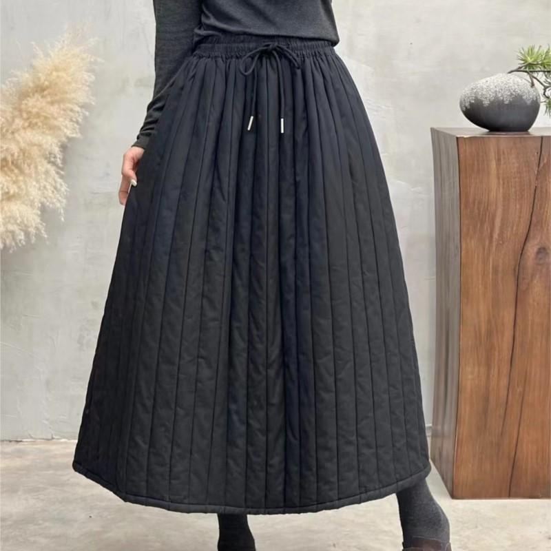 Johnature Woman Winter Vintage Personality Elasticated Waist A-Line Skirt Niche Solid Color Skirts