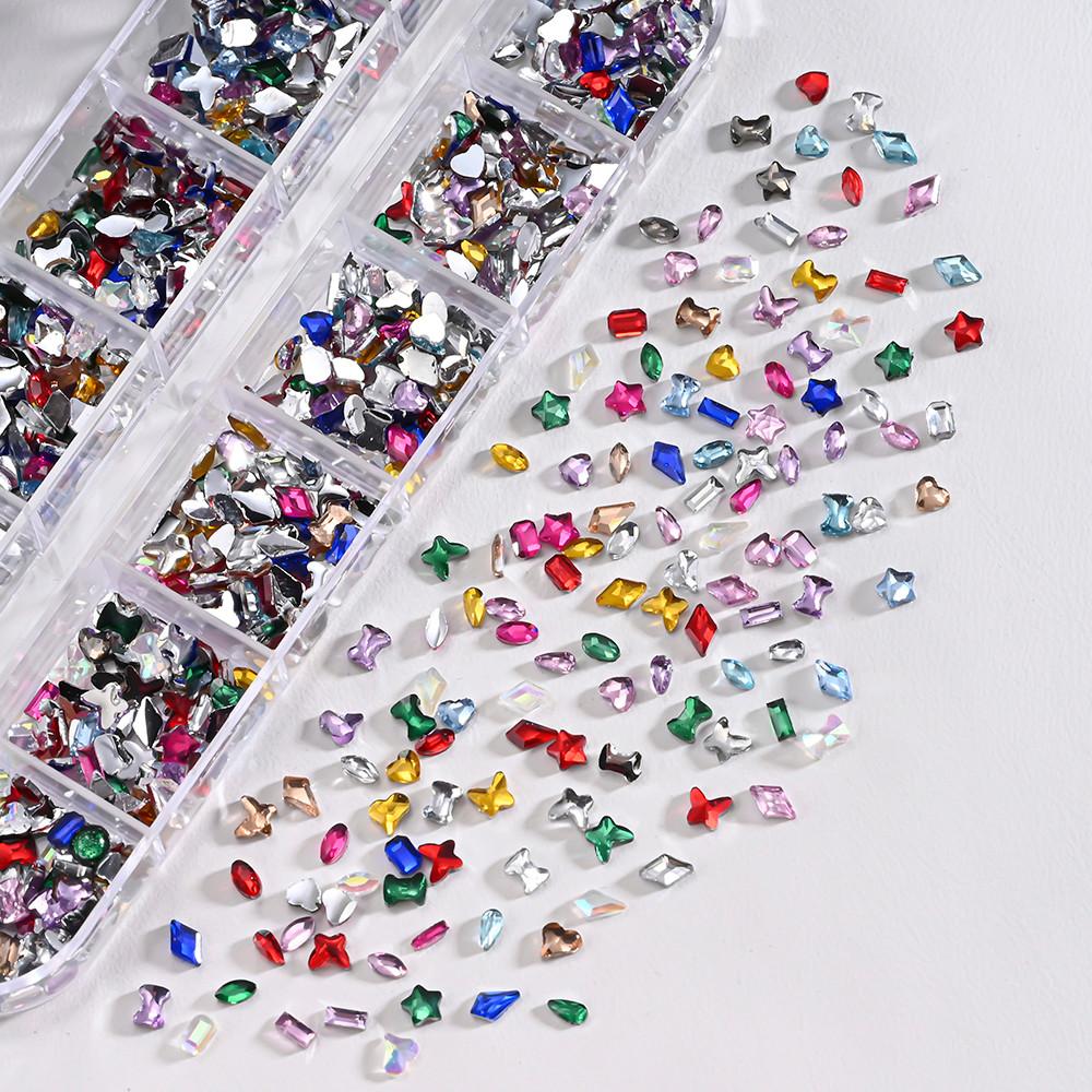 2000Pcs+ Colorful Rhinestones Nail Art Charms Multi Shape Crystal Flat Back Nail Gems 3D Mini Heart Star Butterfly Nail Diamonds