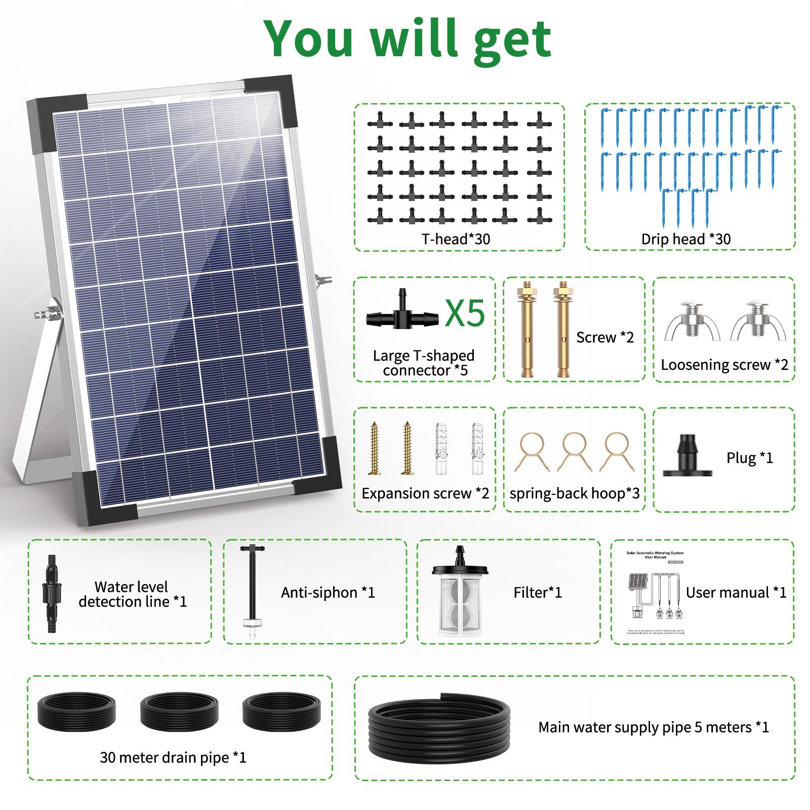 

Solar Potted Plants Deep Drip Irrigation Watering System 9V 5W, Watering Regularly Easy DIY, with 30*Drip Tip 15m Water Pipe Etc