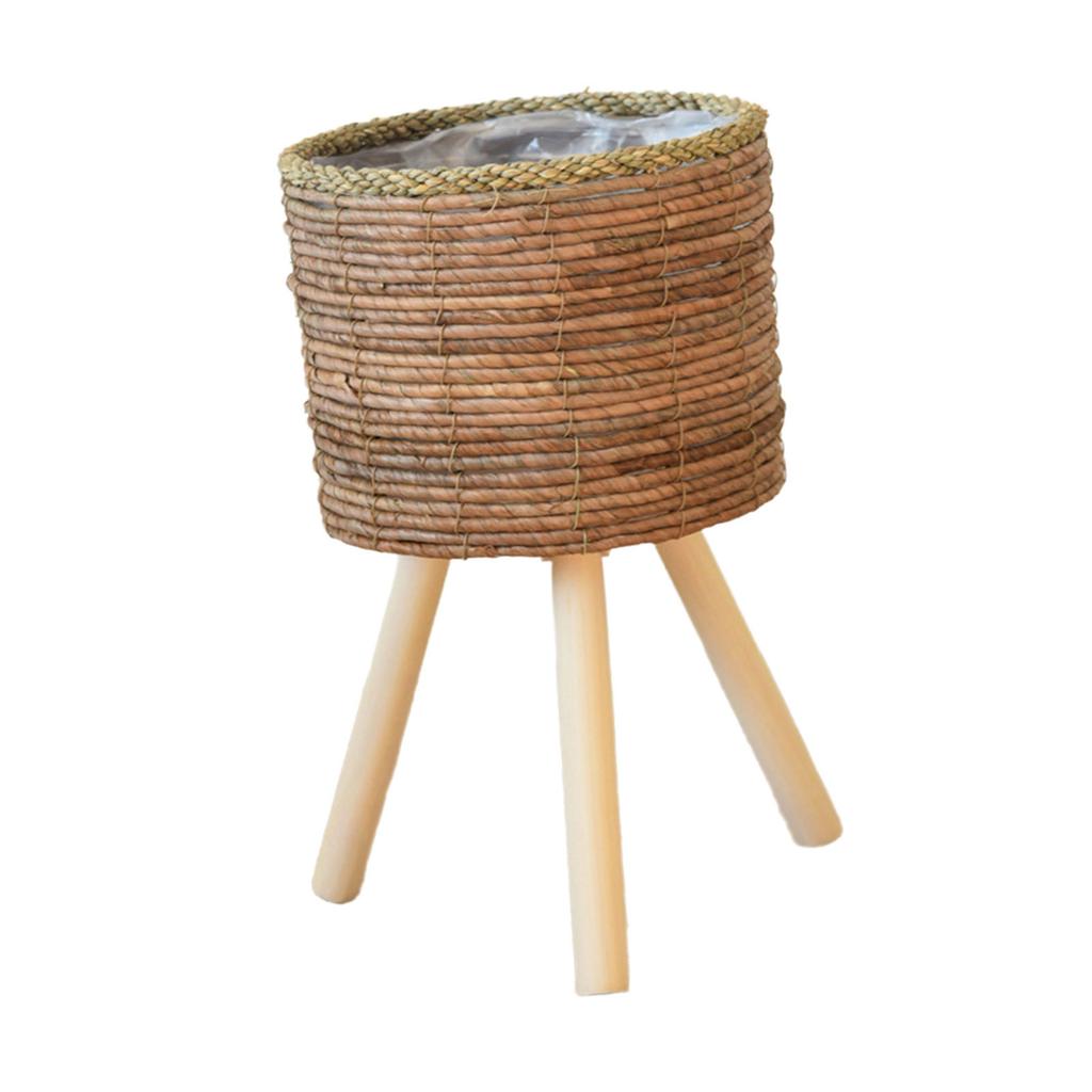 Rattan Indoor Plant Stand Straw Woven Flowers Pots Holder Stool With Legs Floor Planter Baskets Rack Wood Plant Shelf
