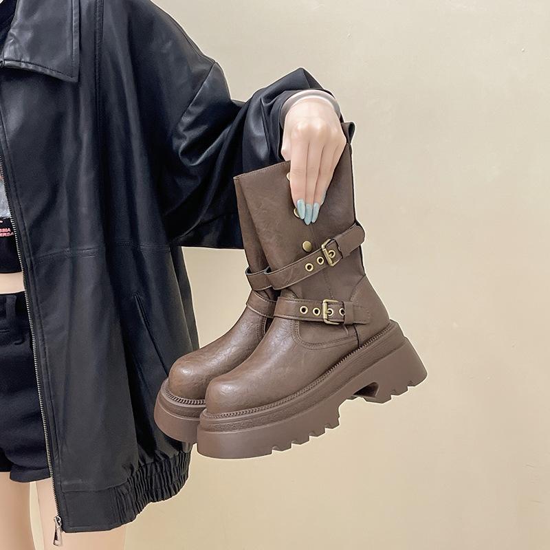 Fashion Versatile Platform Leather Boots Increase the Height of Two Wear Martin Boots Women's Autumn and Winter Retro Buckle Knight Boots Locomotive
