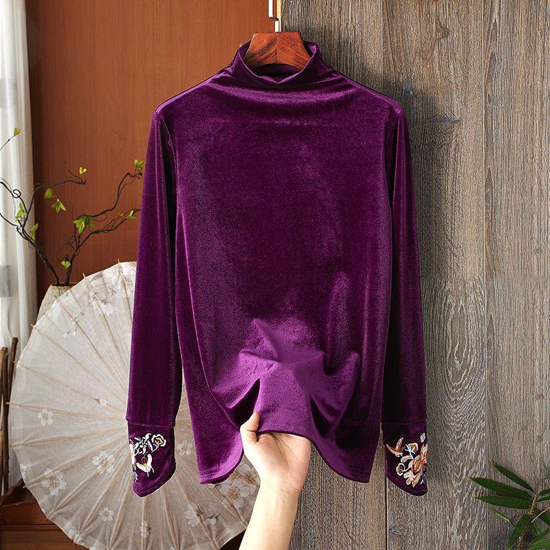 

Золотистый вельветовый полуводолазка осенне-зимняя базовая рубашка с длинными рукавами в иностранном стиле внутри и снаружи, изысканная вышивка, пэчворк, женская 4XL