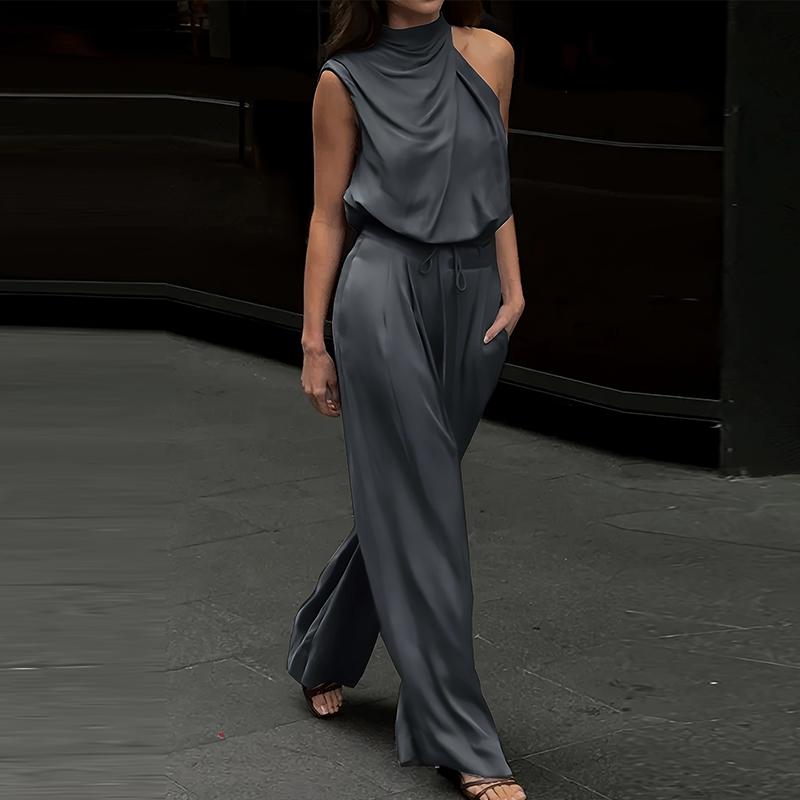 

Женский брючный костюм, однотонный, с полуворотником на одно плечо, без рукавов, рубашки, зашнурованные, широкие брюки, женские, лето 2025, новые женские уличные модели XL черный серый