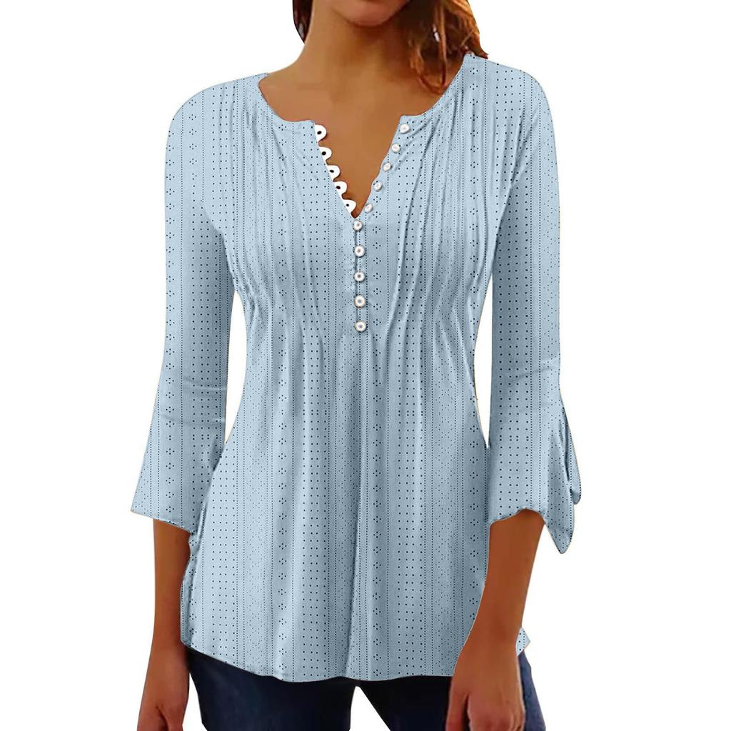 Solid Color Hollow Out V Neck Button Petal Sleeve Loose Commuting Women T Shirt
