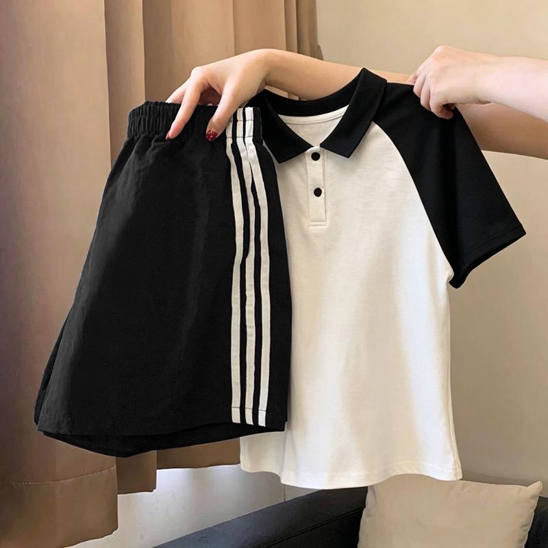 Korean Style Girls' Patchwork Lapel T-shirt & Shorts Set – Trendy Summer Two-Piece for Kids