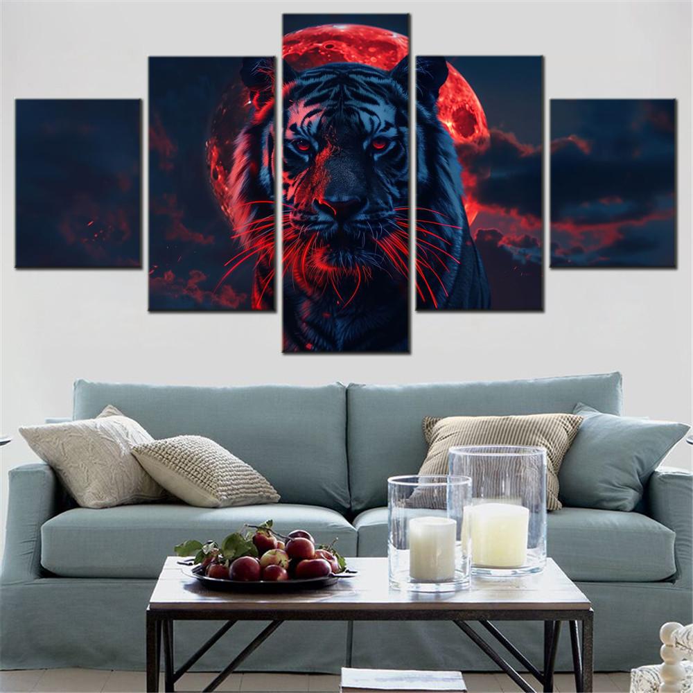 5 Pieces Canvas Wall Arts Poster Paitning Animals Tiger Red Aesthetic Wallpaper Home Decor Picture Printing Interior Artwork