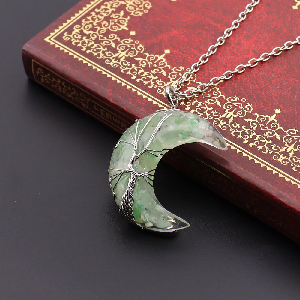Chakela Crescent Moon Crystal Tree of Life Pendant Necklace N755