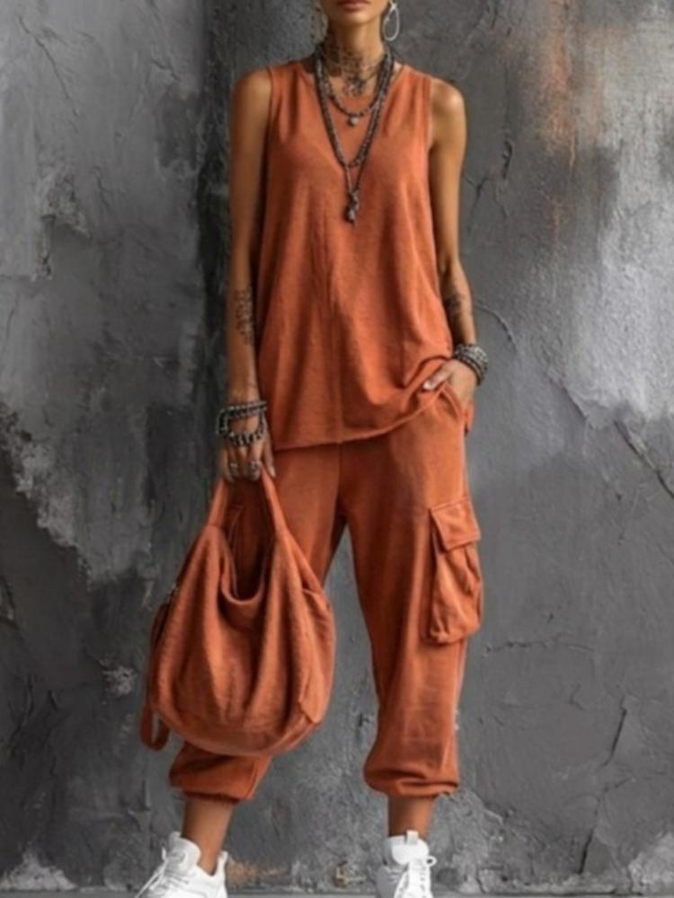 Women Solid Color Sleeveless Tank Top And Cargo Pants Two Piece Set Streetwear Casual Loose Fit Summer Outfit